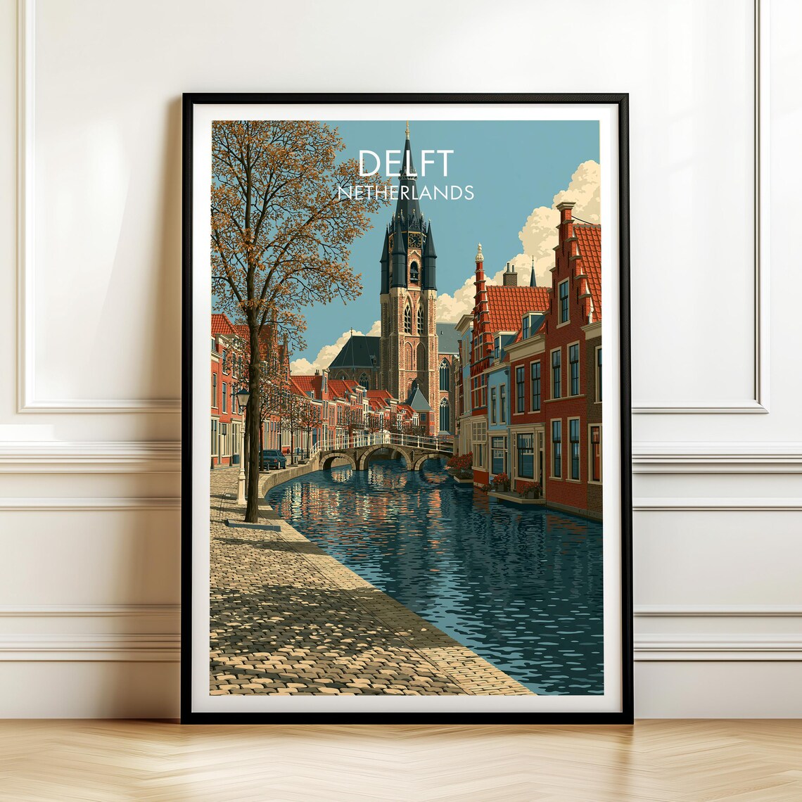Delft Netherlands Autumn Canal Church Tower Vintage Travel Poster