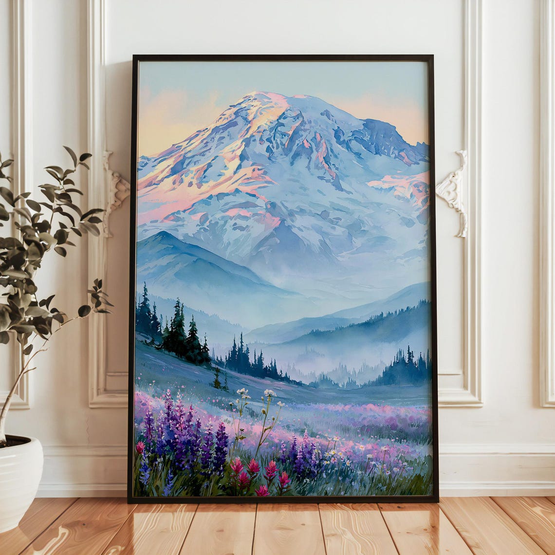 Mount Rainier Watercolor Poster Snowy Peak Wildflower Meadow Art