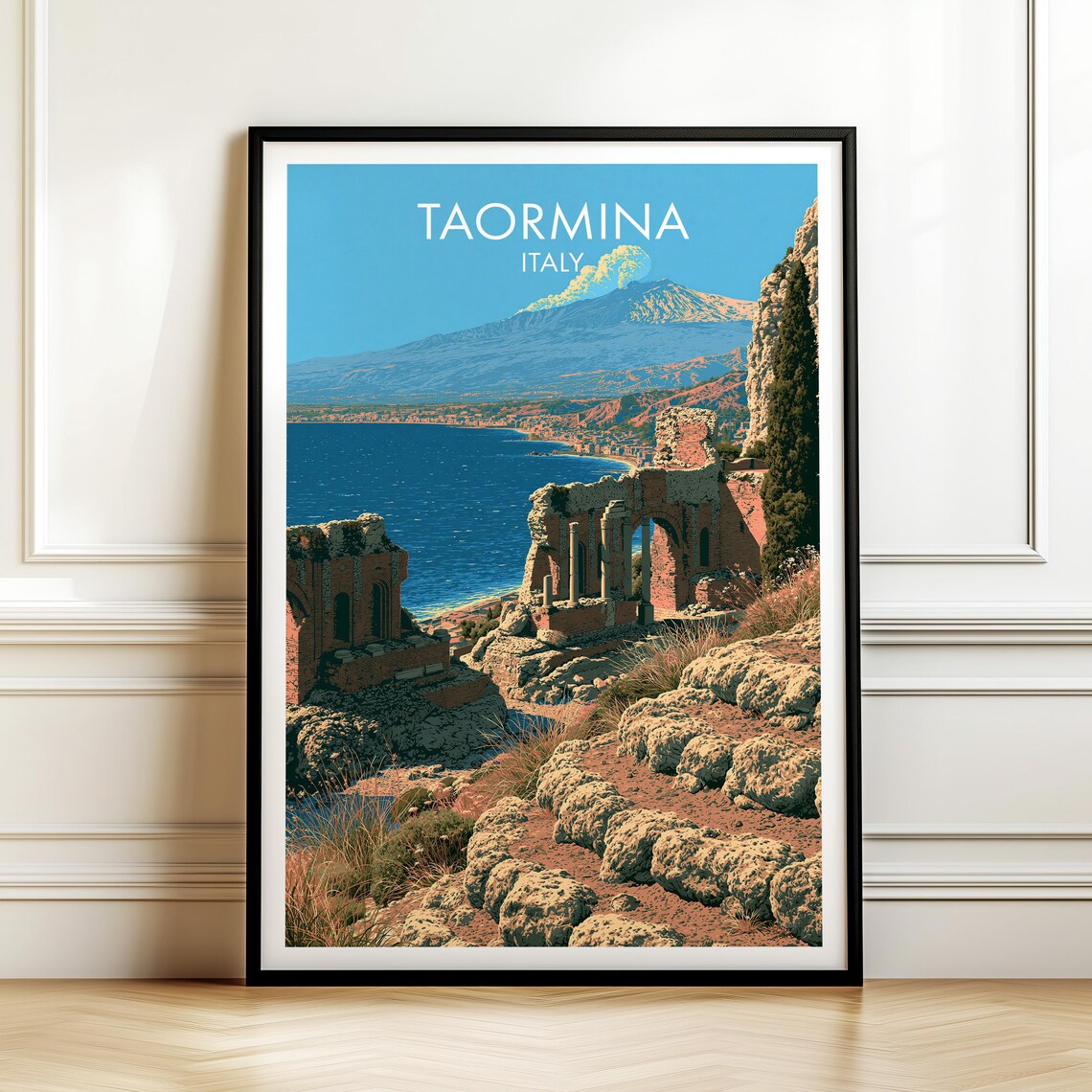 Taormina Italy Greek Theatre Ruins and Mount Etna Vintage Travel Poster
