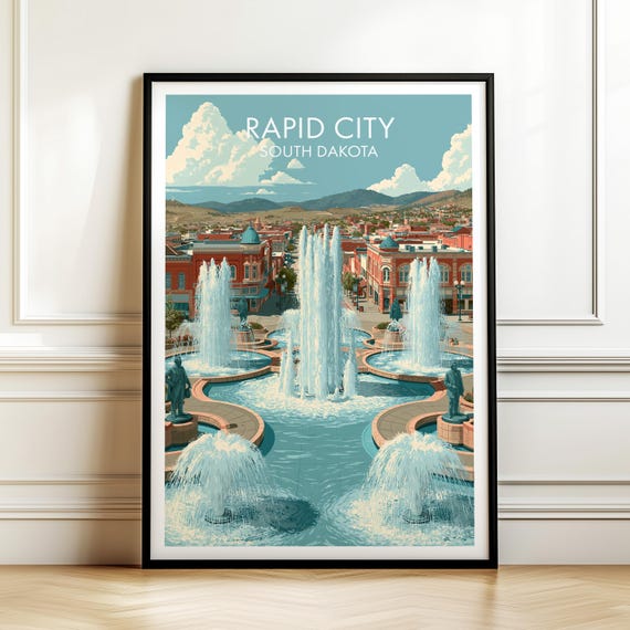 Rapid City South Dakota Poster Vintage Usa Cityscape Travel Wall Art American Landmark Print Americana Decor