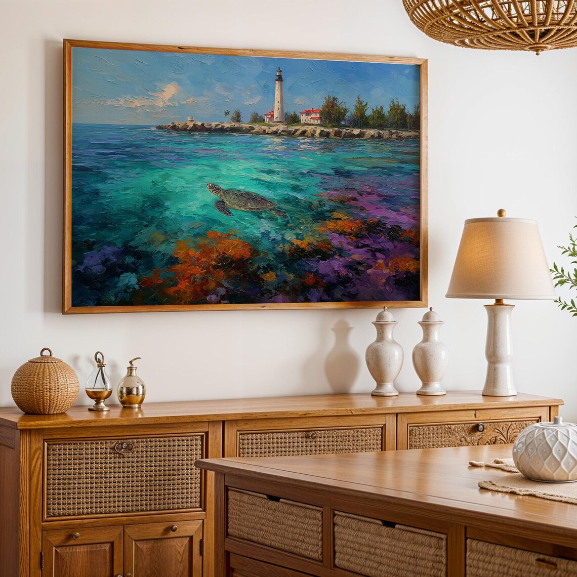 Biscayne National Park Sea Turtle Turquoise Water Oil Painting Poster