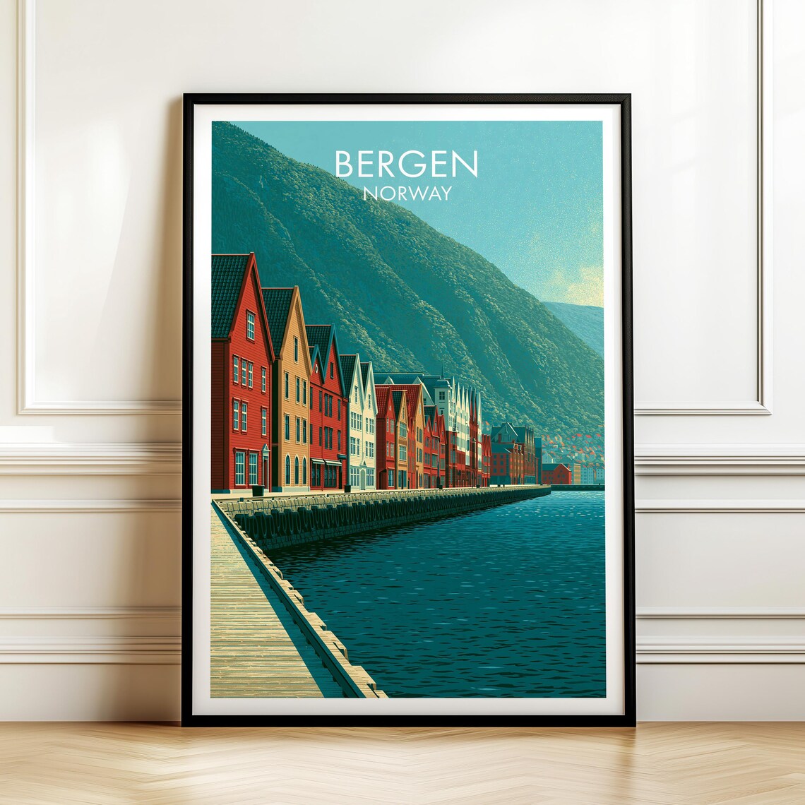 Bergen Norway Bryggen Wharf Colorful Harbor Houses Travel Poster