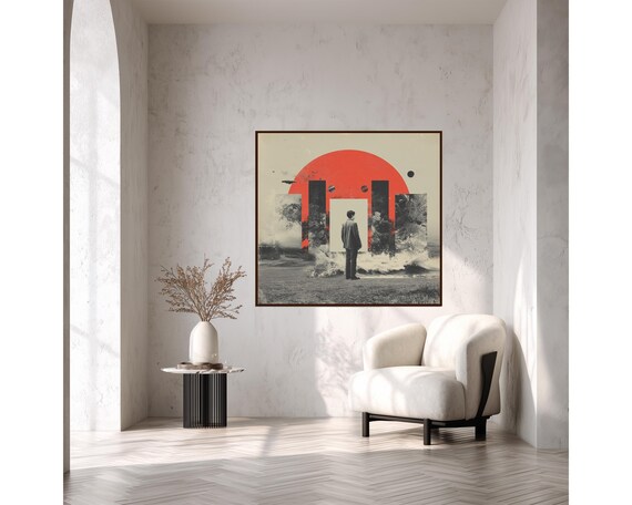 Surreal Man Red Sun Circle Collage Abstract Modern Art Wall Poster
