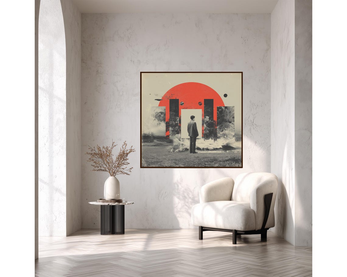 Surreal Man Red Sun Circle Collage Abstract Modern Art Wall Poster