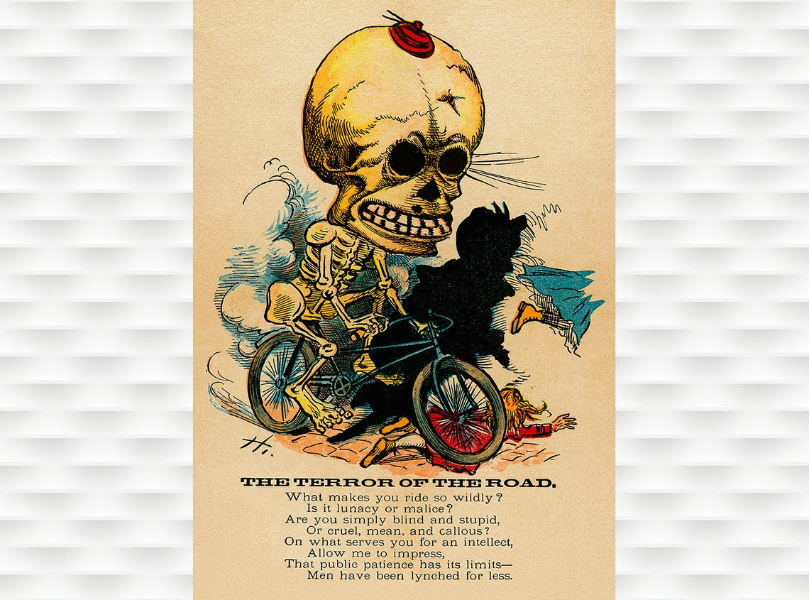 The Terror of the Road Skeleton Cyclist Satirical Cycling Poster