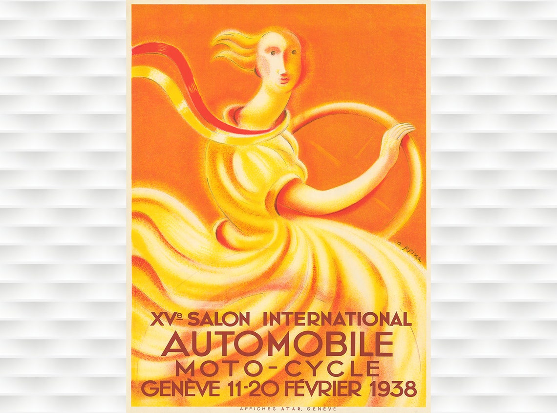 Geneve 1938 Automobile Moto Cycle Salon Art Deco Vintage Poster