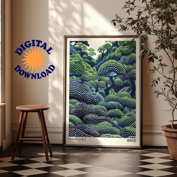 Green Forest Dot Art Print Japandi Wabi Sabi Style