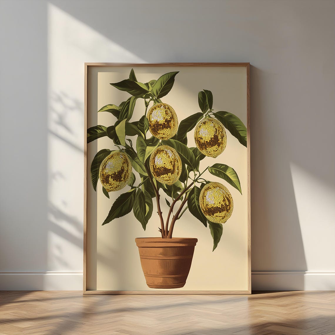 Lemon Disco Ball Plant Print Funky Citrus Wall Art