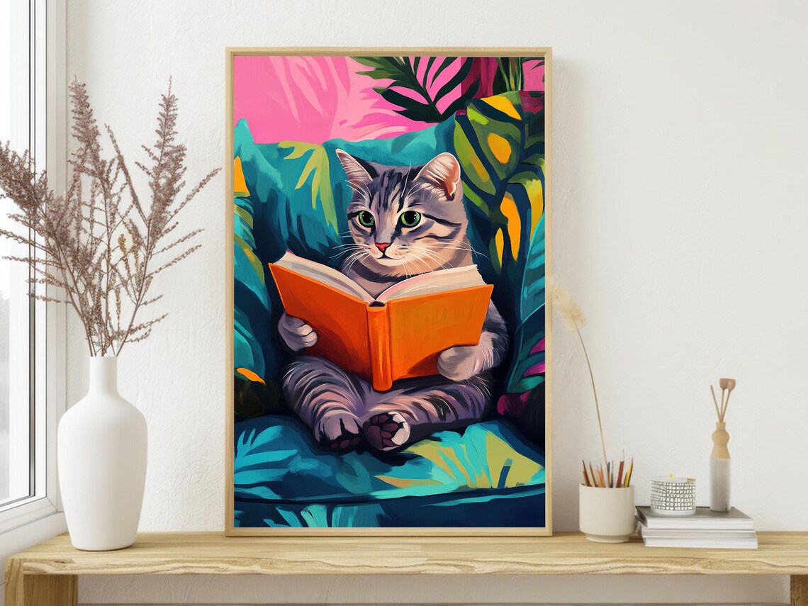 Matisse-Inspired Cat Reading, Tropical Cat Print - Image 4