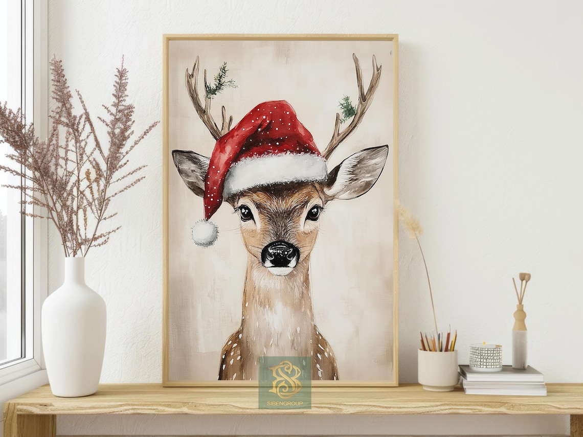 Baby Deer Wearing Santa Hat With Pine Sprigs Watercolor Art Print - Image 4
