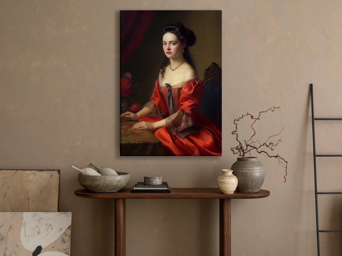 Victorian Woman Red Silk Dress Dark Moody Classic Oil Painting Art Poster - Image 4