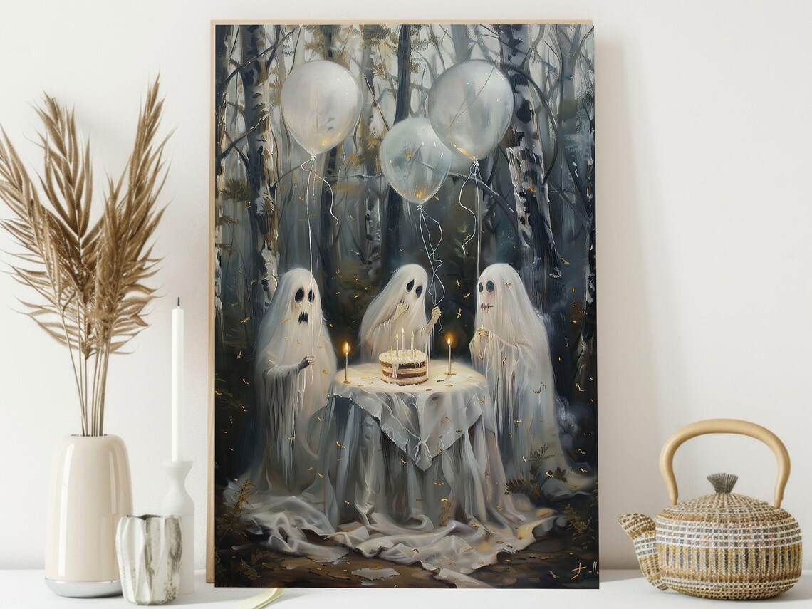 Three Ghosts Birthday Party in Birch Forest Cake Balloons Art Poster - Image 3