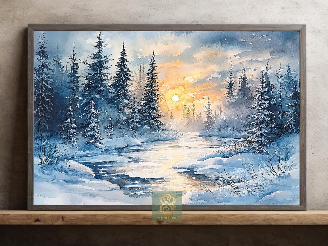 Winter Scene Christmas Sunset Poster, Homely Decor