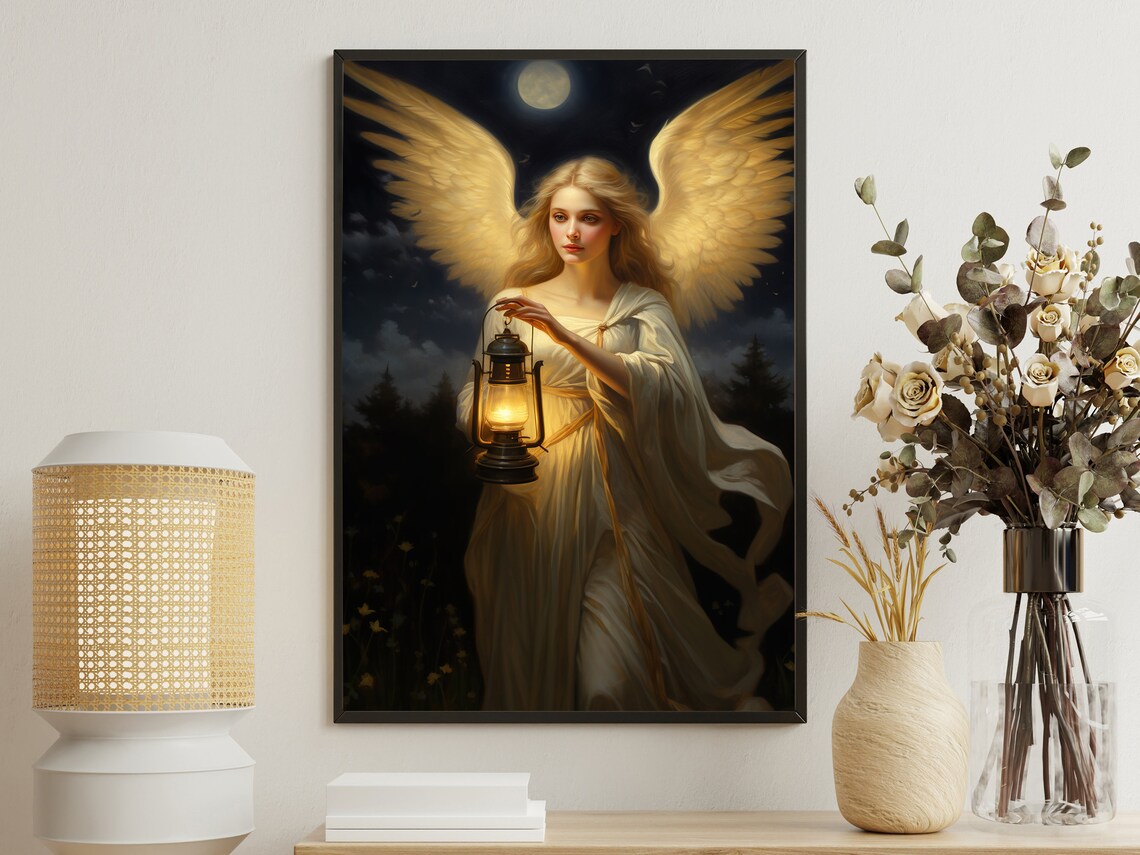 Vintage Angel Holding a Lantern Religious Art Print