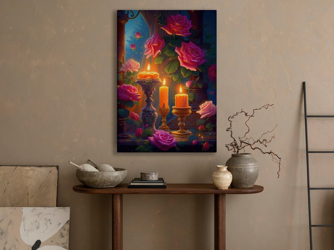 Lit Candles Red Roses Night Garden Glowing Romantic Still Life Art Poster - Image 4