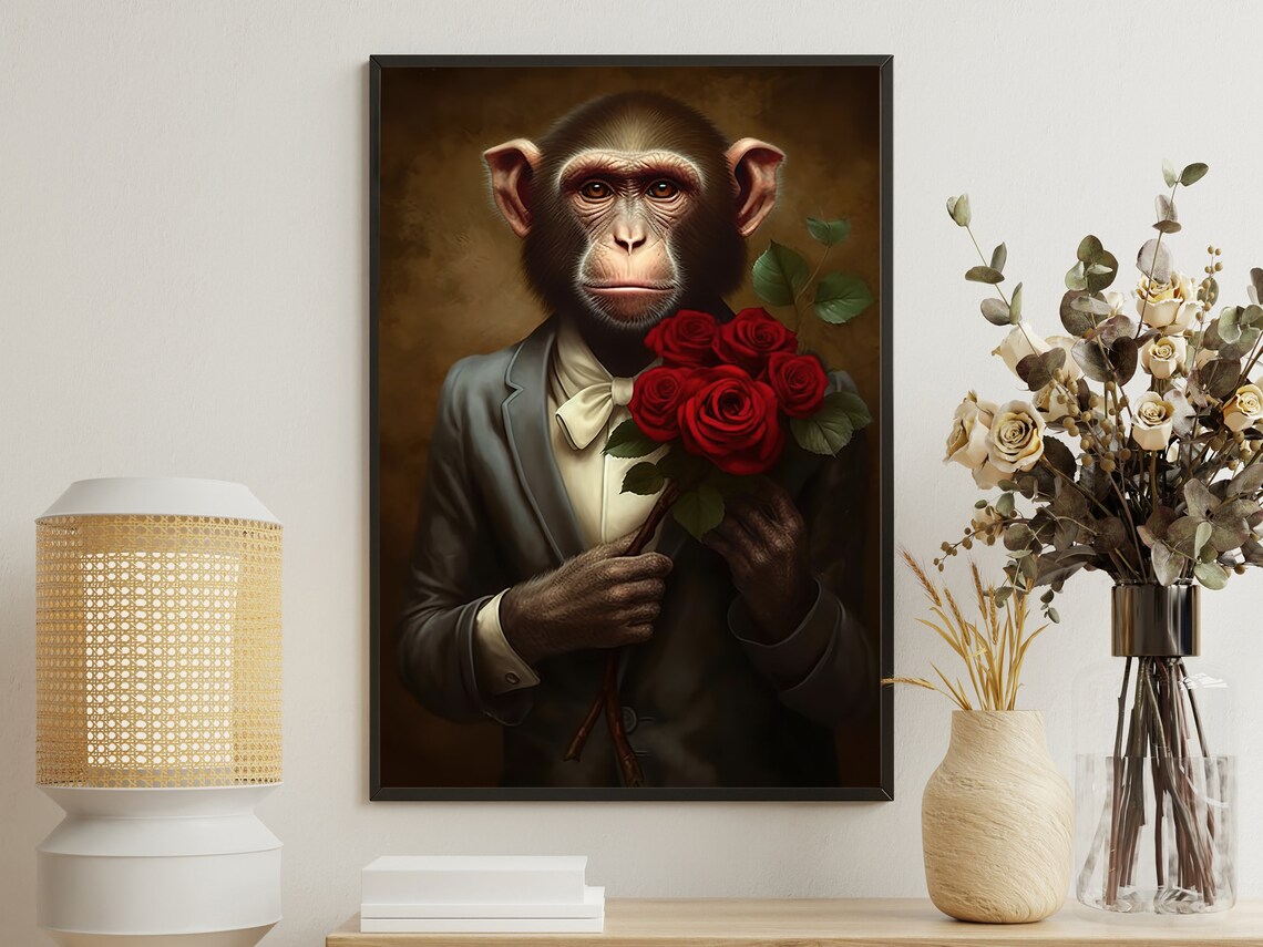 Chimpanzee In Suit And Bow Tie Holding Red Roses Vintage Animal Art Print