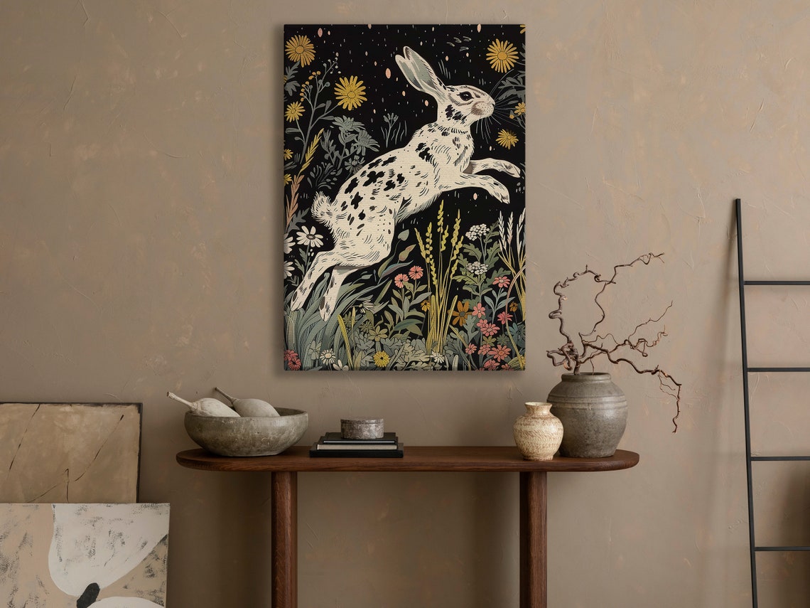 Leaping White Rabbit Night Garden Wildflower Cottage Art Poster - Image 3