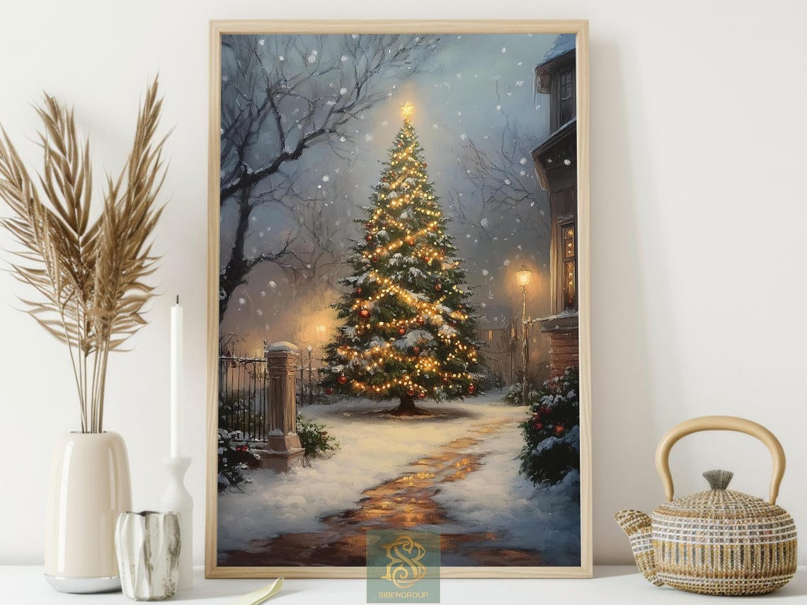 Glowing Outdoor Christmas Tree in Snowy Village Night Scene Poster - Image 3
