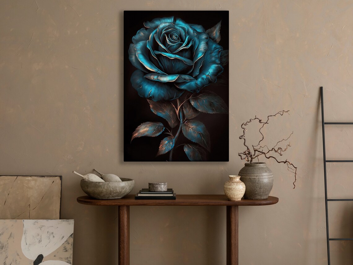 Dark Blue Rose Black Background Moody Floral Still Life Wall Art Poster - Image 3