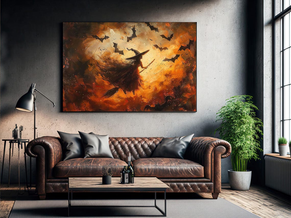 Witch On Broom Flying Through Fiery Orange Storm Sky Art Print - Image 3