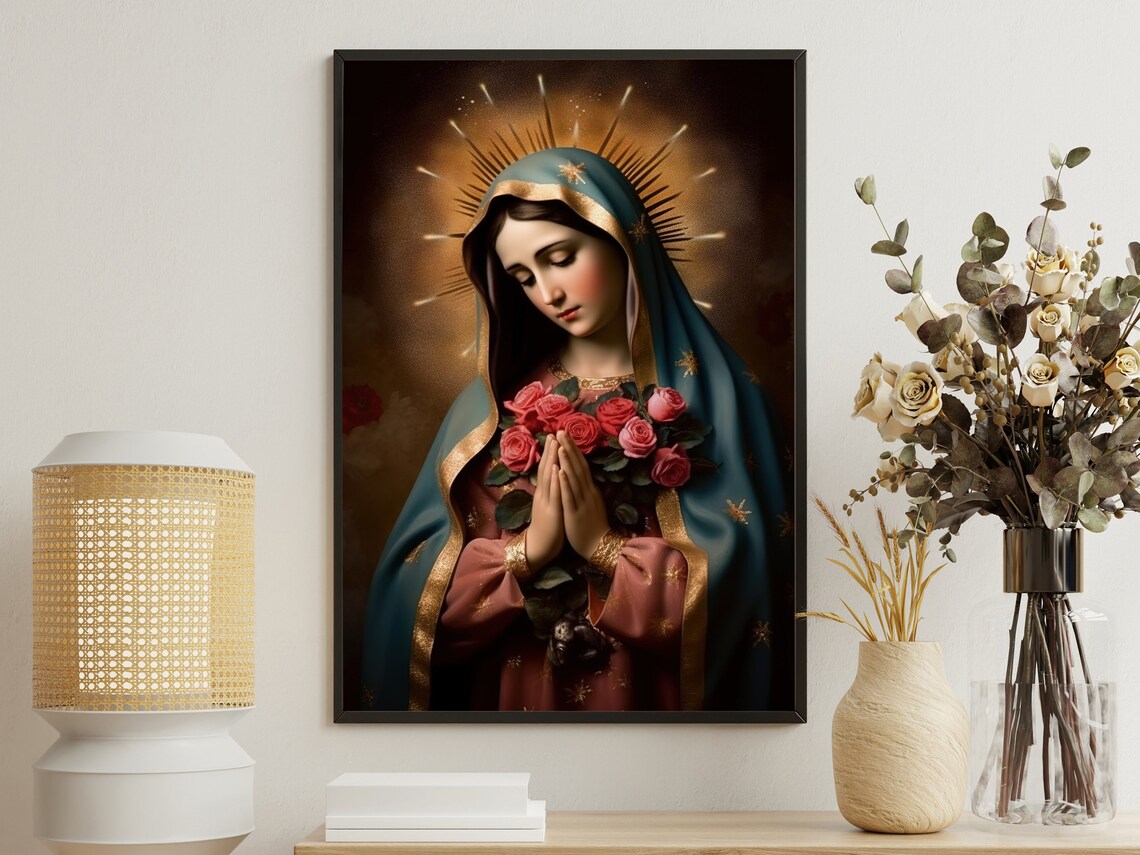 Our Lady of Guadalupe Style Virgin Mary with Roses Prayer Religious Poster