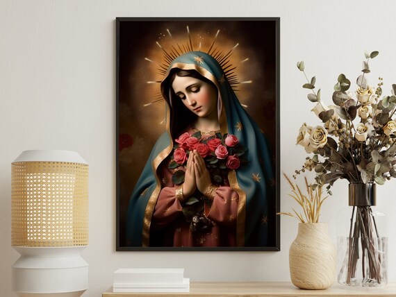 Our Lady of Guadalupe Style Virgin Mary with Roses Prayer Religious Poster