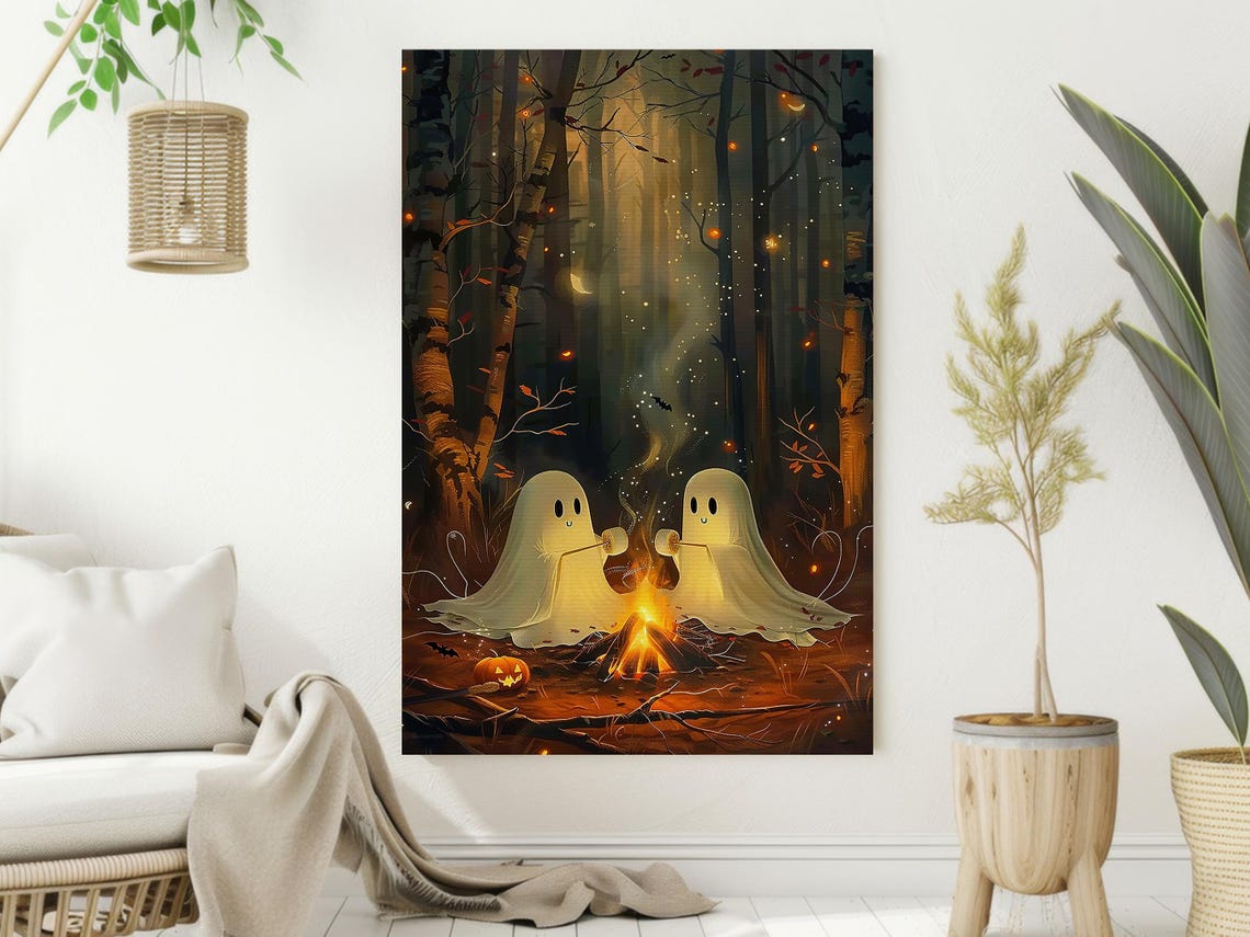 Cute Couple Ghosts Campfire Print Ghost Camping Poster Print Halloween Wall Art Halloween Room Decor - Image 2