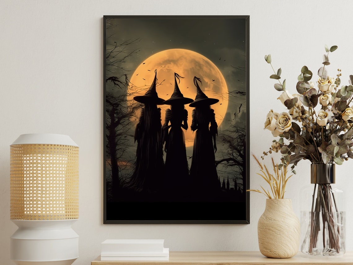 Three Witches Silhouette Harvest Full Moon Gothic Halloween Art Poster