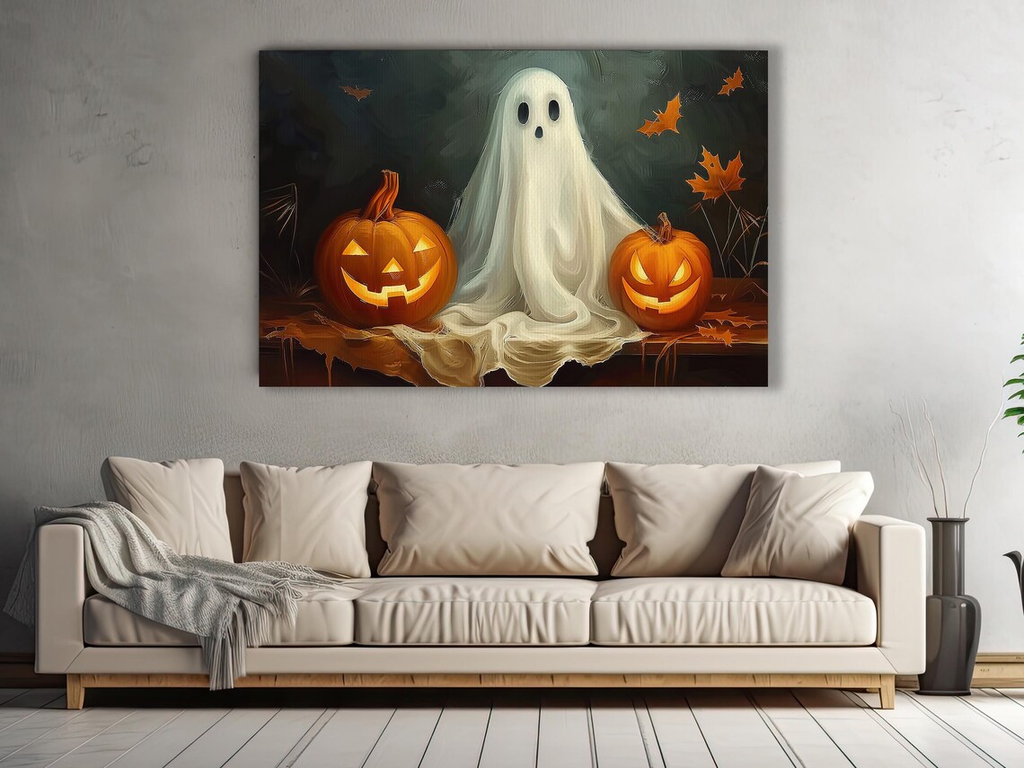 Cute Ghost with Glowing Jack-O-Lanterns Night Painting Halloween Poster - Image 3