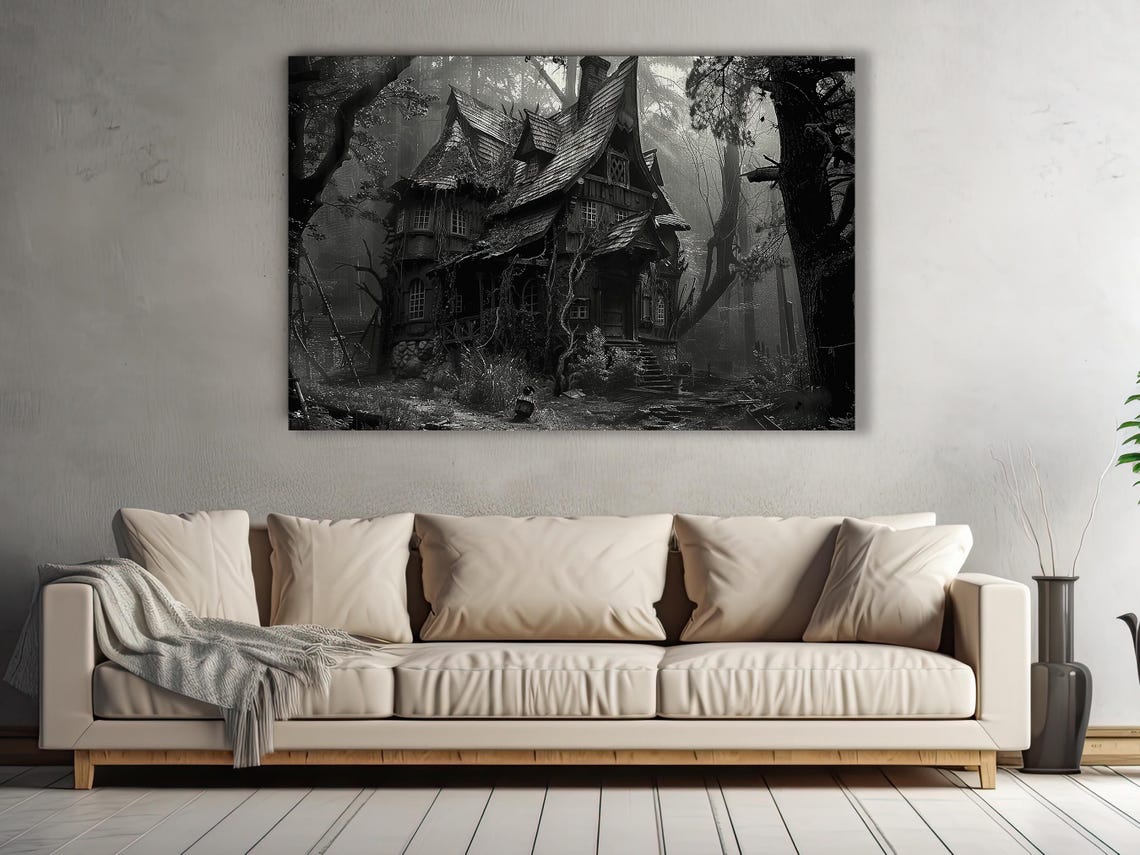 Haunted House In Misty Forest Black And White Spooky Art Print - Image 2