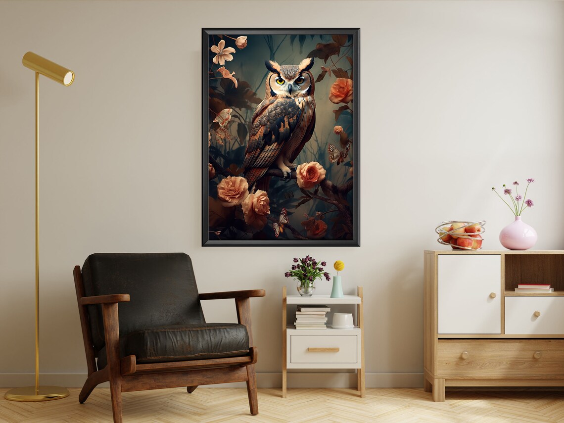 Great Horned Owl Among Blush Roses Butterflies Dark Floral Gothic Wall Art - Image 2