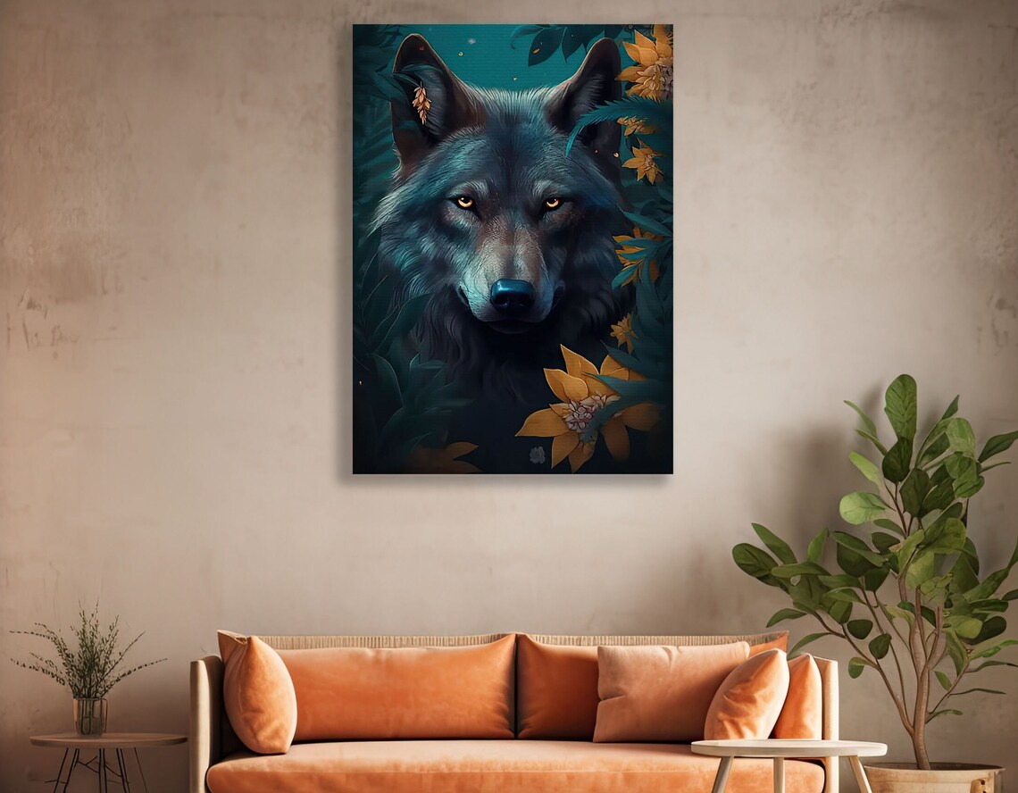 Dark Wolf Portrait In Teal Forest Light Among Golden Flowers Animal Poster - Image 2