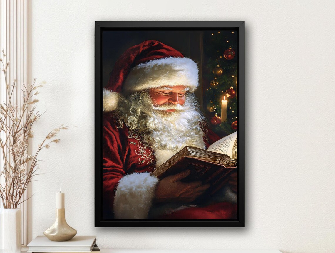 Vintage Santa Reading Book Christmas Art Print