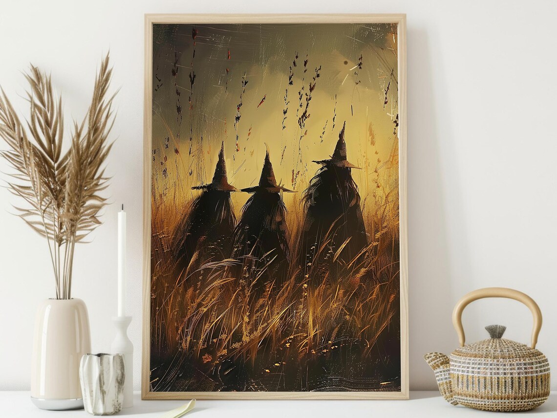 Three Witches in Golden Wheat Field Sunset Rustic Harvest Halloween Poster - Image 4