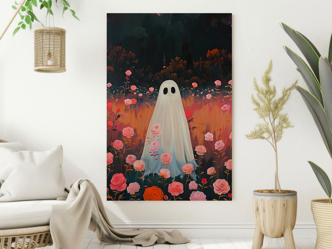 Cute Ghost Standing In Pink Rose Garden At Dusk Floral Art Poster - Image 2