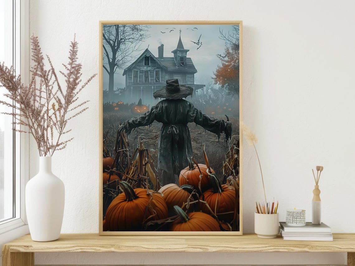 Dark Scarecrow in Pumpkin Patch Haunted Farmhouse Misty Harvest Poster - Image 3