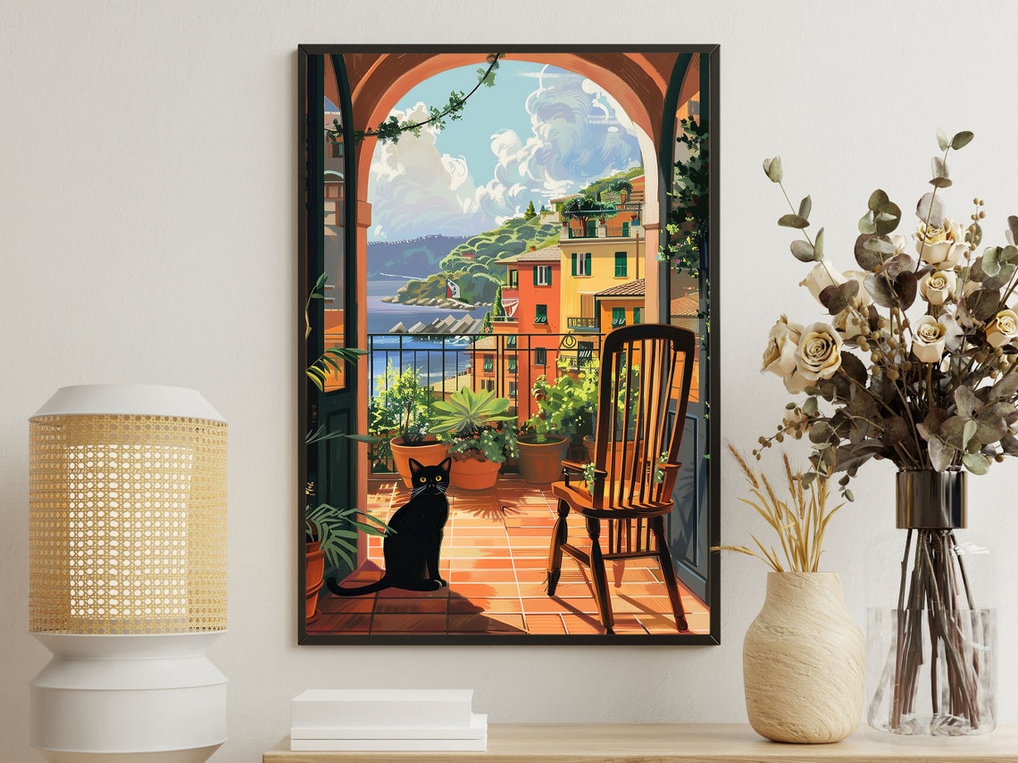 Black Cat On Italian Terrace Overlooking Coastal Town Travel Poster