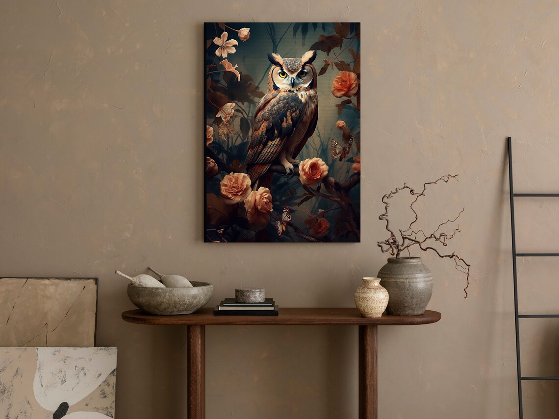 Great Horned Owl Among Blush Roses Butterflies Dark Floral Gothic Wall Art - Image 4