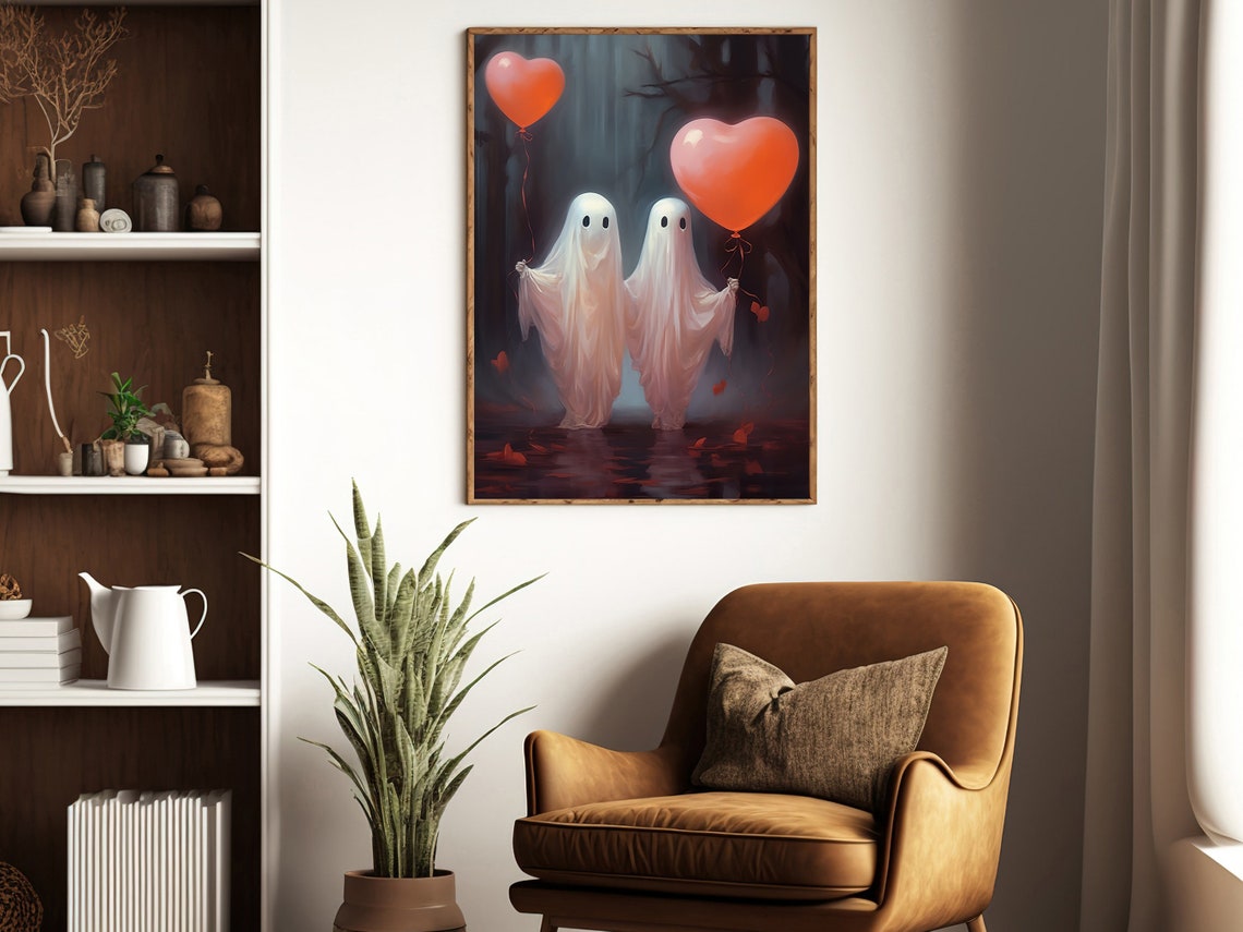 Two Ghosts Red Heart Balloons Valentine Spooky Love Art Poster - Image 3