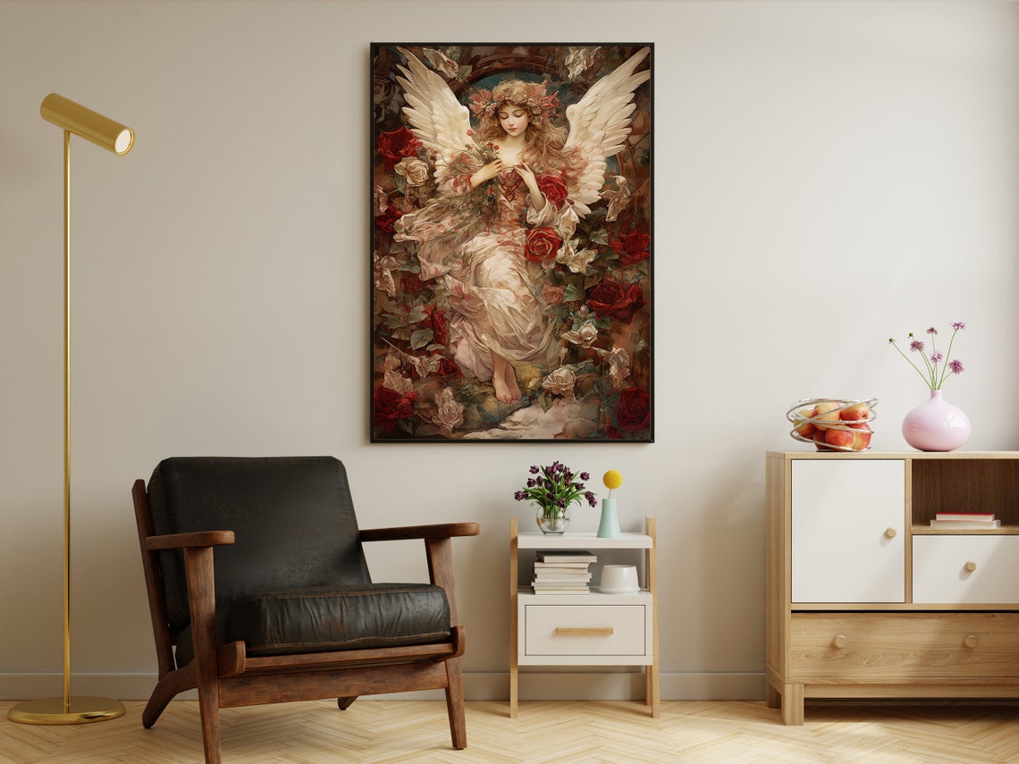Vintage Floral Angel Painting Angel Art Print Angel Print Angel Poster Print Angel Wall Decor Angels Wall Hanging - Image 3