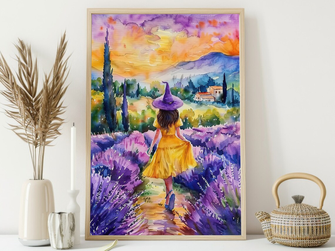 Young Witch in Yellow Dress Lavender Field Sunset Watercolor Art Poster - Image 3