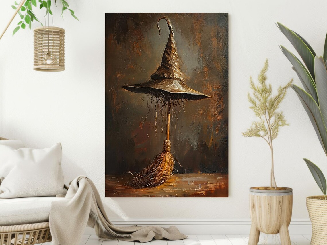 Vintage Witch Hat and Broom Poster, Halloween Decor - Image 2