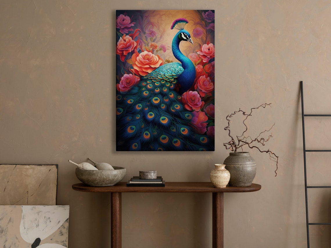 Vibrant Peacock Among Coral Roses Warm Sunset Glow Animal Wall Art - Image 3