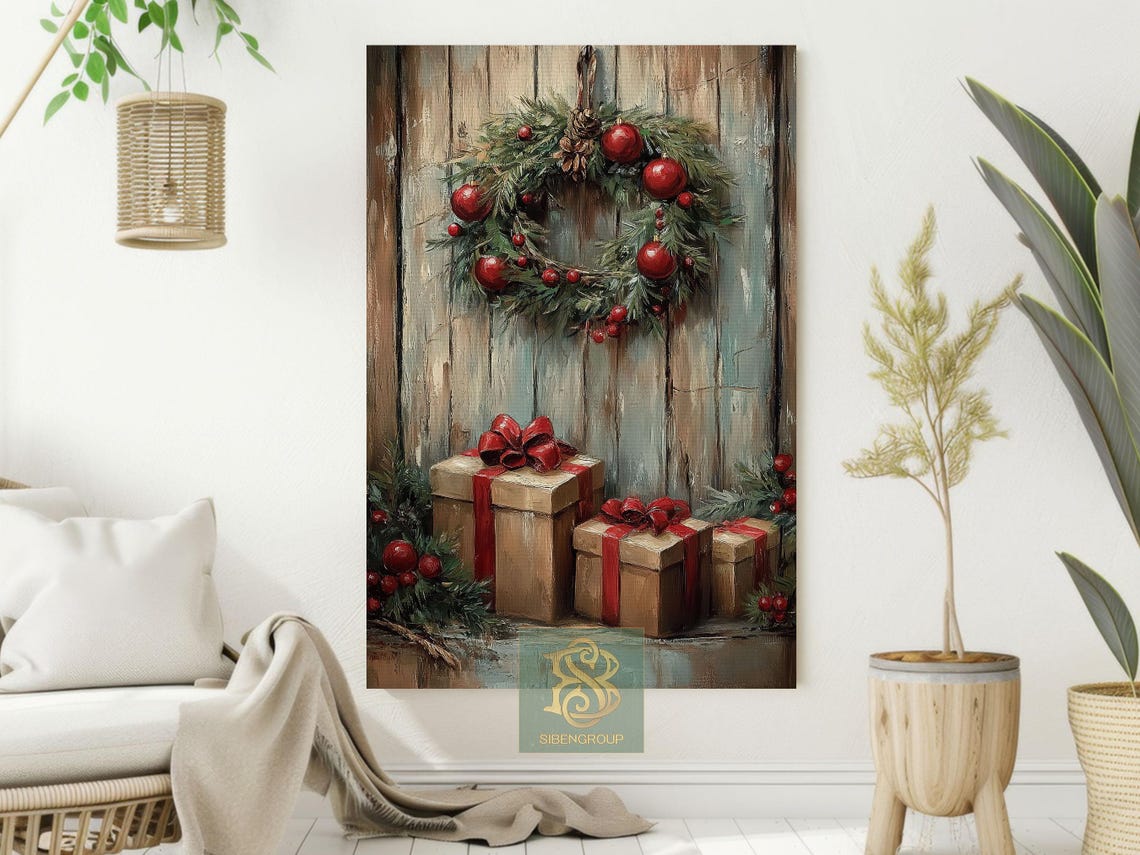 Rustic Christmas Wreath With Red Baubles and Gift Boxes Wall Art - Image 2