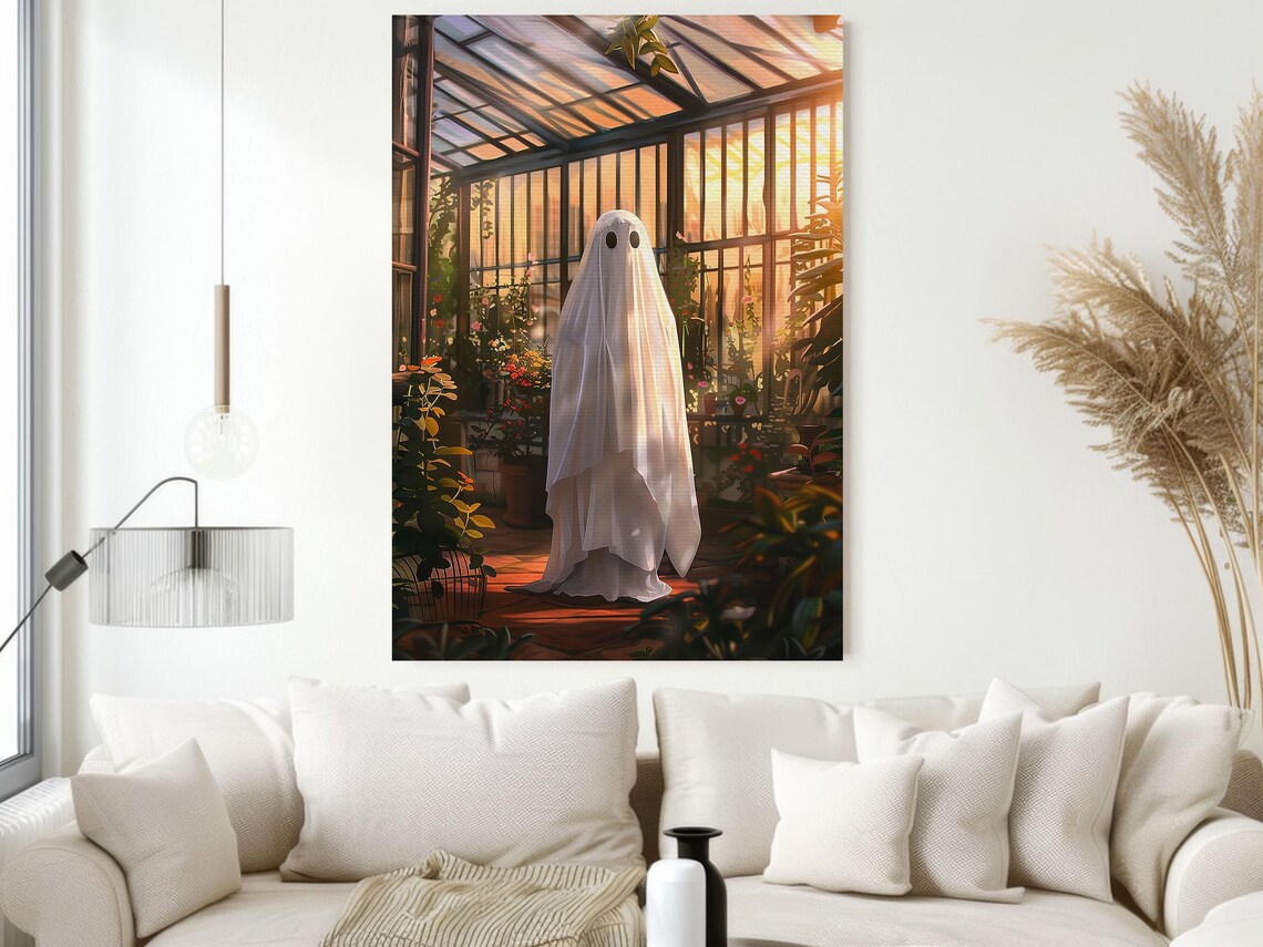 Ghost in Sunlit Greenhouse Among Lush Plants Warm Botanical Halloween Poster - Image 3