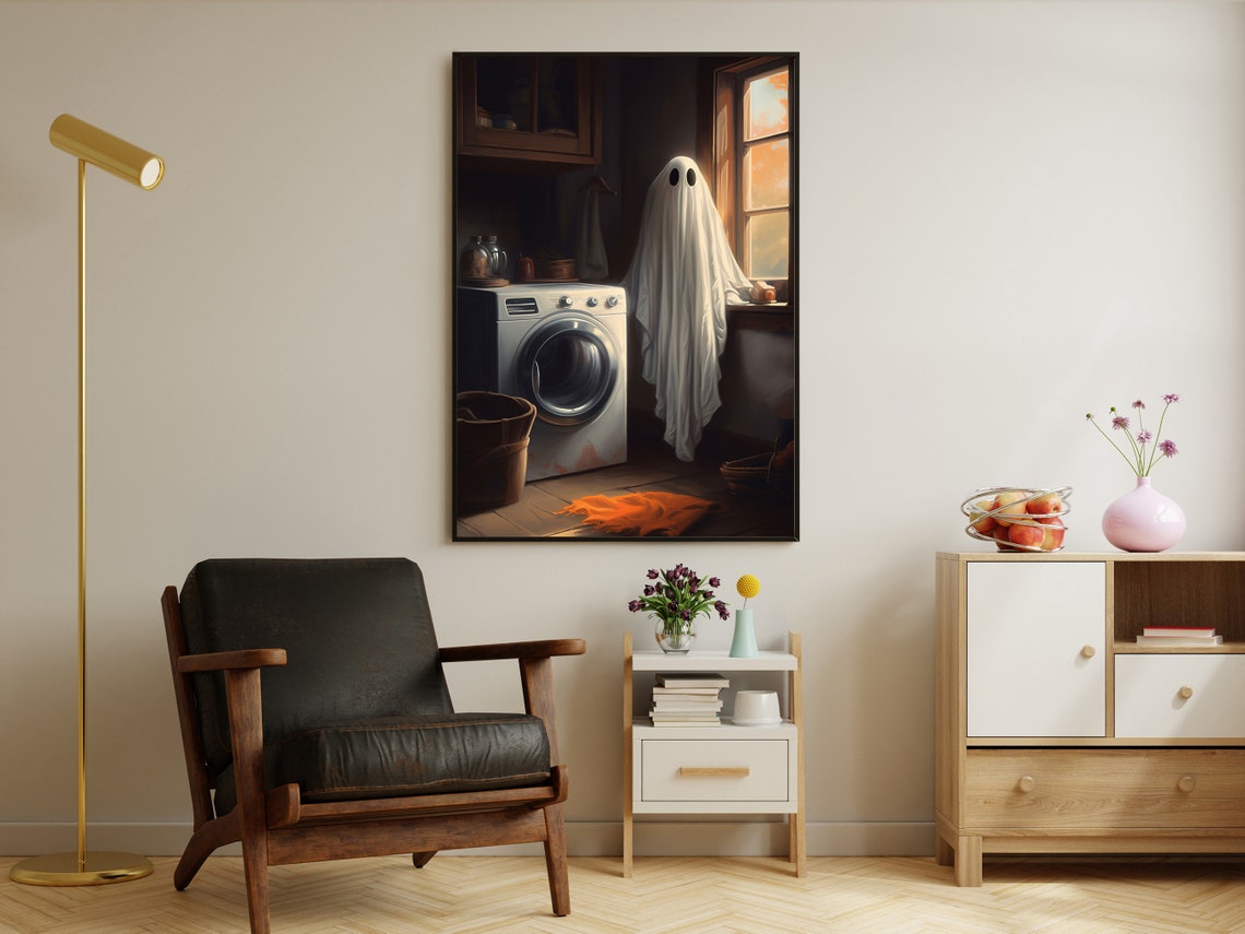 Cheerful Little Ghost Standing By The Washing Machine At Home Poster - Image 2
