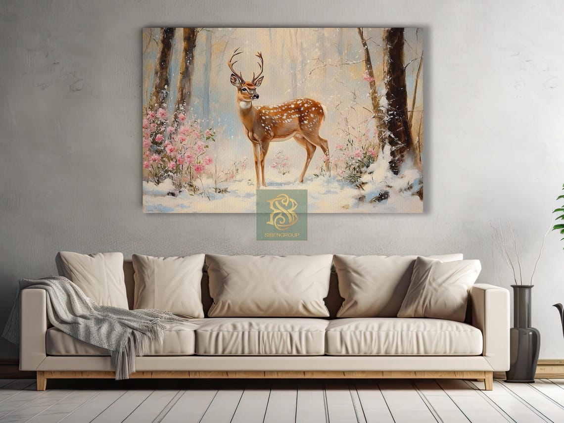 Spotted Deer in Snowy Forest With Pink Blossoms Winter Art Print - Image 2