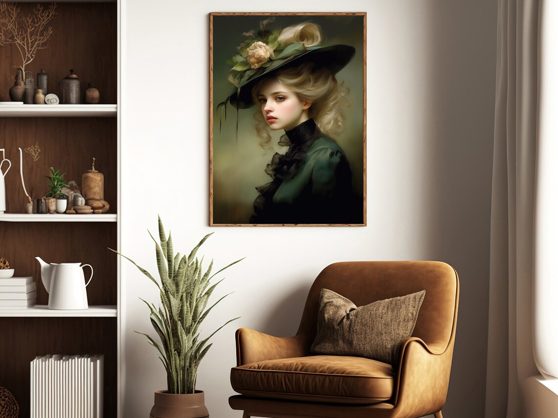 Victorian Lady Green Feathered Hat Rose Oil Painting Gothic Portrait Poster - Image 3