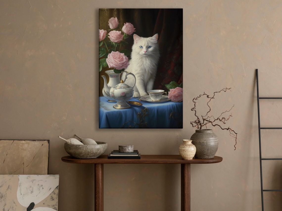 White Cat with Tea Set and Pink Roses Elegant Classic Cat Art Poster - Image 4