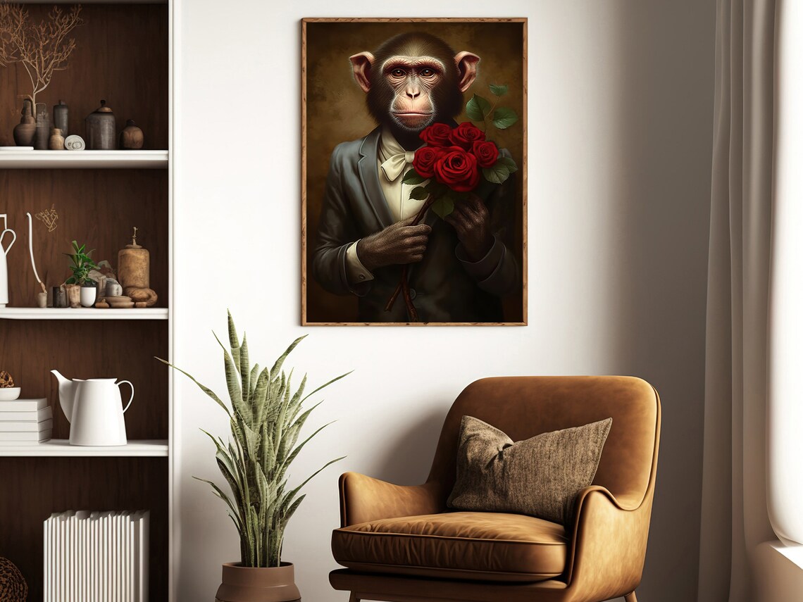 Chimpanzee In Suit And Bow Tie Holding Red Roses Vintage Animal Art Print - Image 4